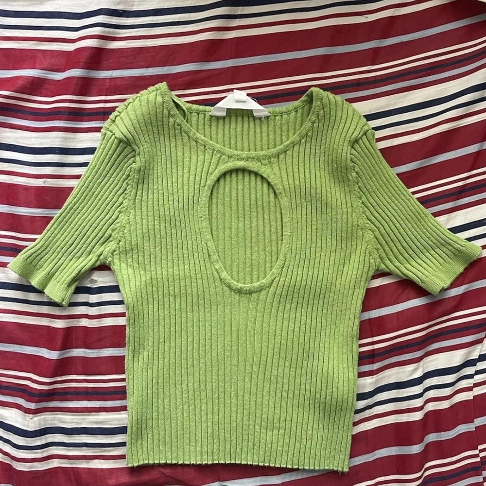 Glassons Top Womens  S Lime Green Ribbed Knit Crop Short Sleeve Cute
